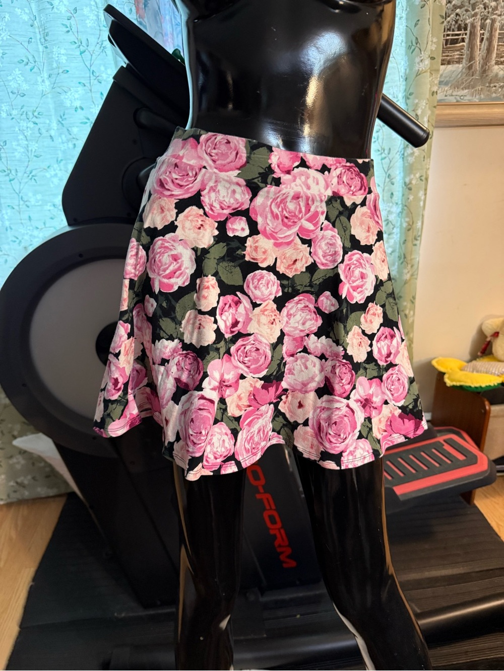 Forever 21 Black Skater Skirt with Pink Rose Print